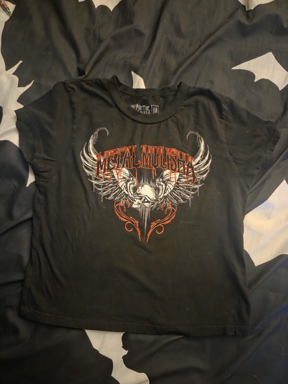 Metal Mulisha Black Crop Tee with Orange and White Winged Skull Graphic